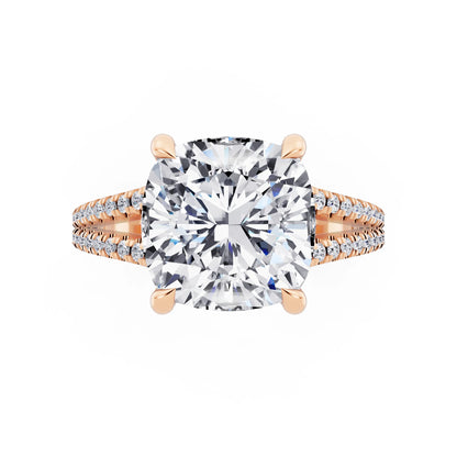 14 KT Rose Gold Cushion Cut Diamond Ring with Pavé Split Shank - top angle