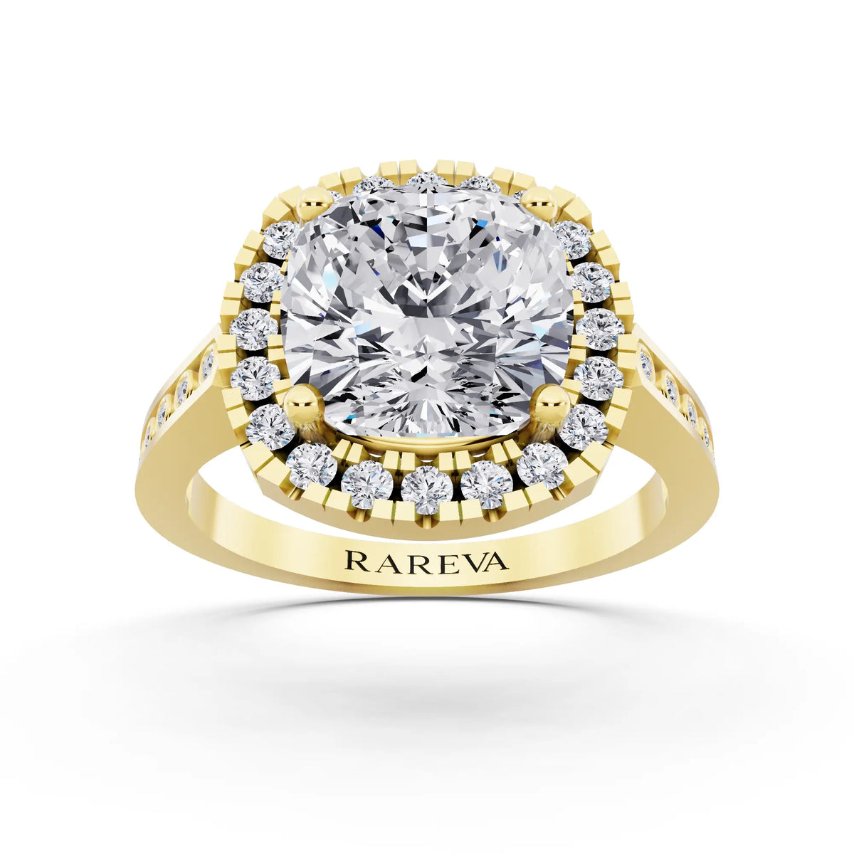 18 KT Yellow Gold Cushion Cut Diamond Halo Ring with Bezel Accent Band - front view
