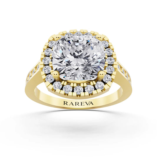 18 KT Yellow Gold Cushion Cut Diamond Halo Ring with Bezel Accent Band - front view