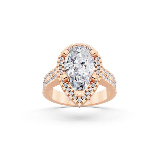 18 KT Rose Gold Pear Cut Diamond Halo Ring with Twin Pave Band - front view