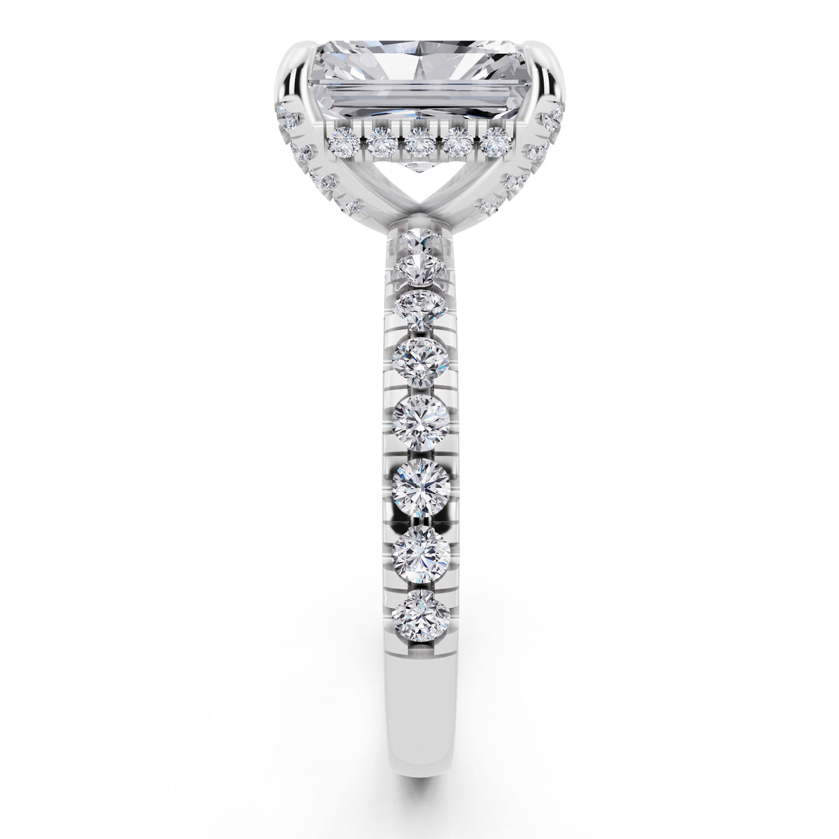 18 KT White Gold Radiant Cut Diamond Hidden Halo Ring with Pave Shank - side view