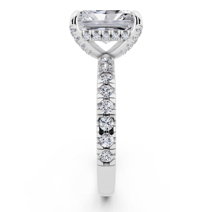 18 KT White Gold Radiant Cut Diamond Hidden Halo Ring with Pave Shank - side view