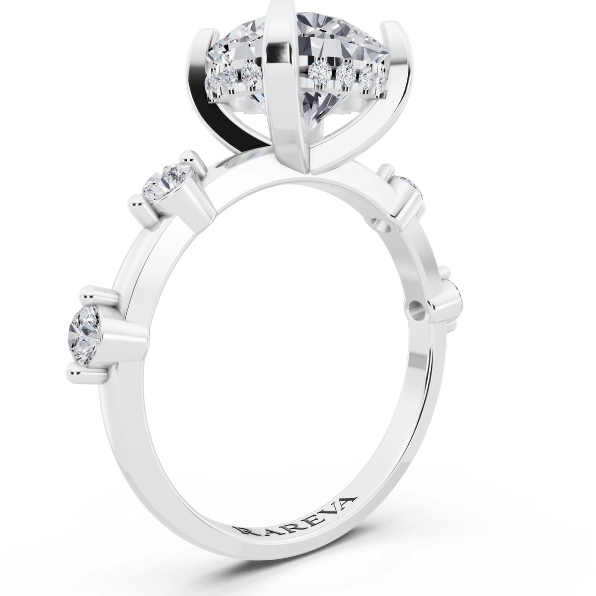 18 KT White Gold Round Cut Diamond Solitaire Ring with Floating Diamond Accents - top view