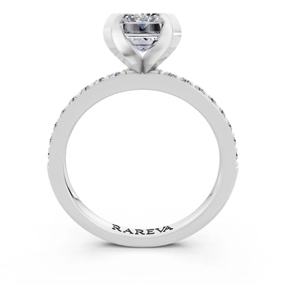 14 KT White Gold Emerald Cut Diamond Solitaire Ring with Pave Shank - through finger