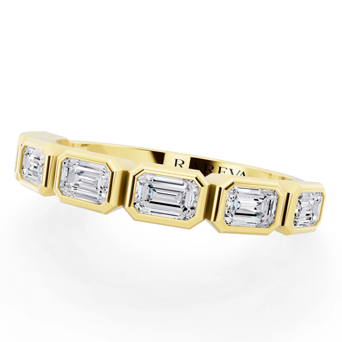 10K Yellow Gold Seven Stone Emerald Cut Bezel Set Diamond Half Eternity Wedding Band - 2mm - Close up