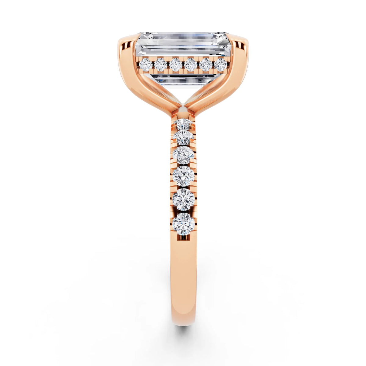 14 KT Rose Gold Emerald Cut Diamond Solitaire Ring with Round Pavé Band and Prong Setting - side view
