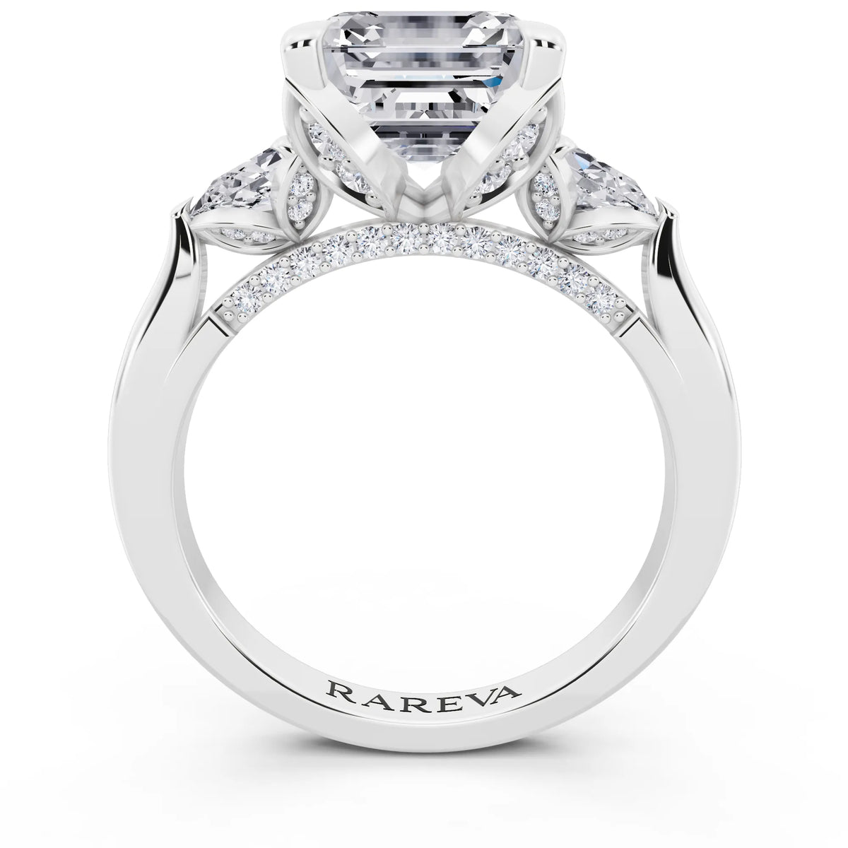 Platinum Asscher Cut Diamond Cluster Engagement Ring with Pear Accents and Pavé Band - through finger