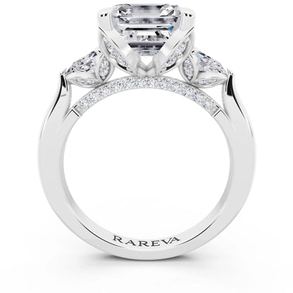 Platinum Asscher Cut Diamond Cluster Engagement Ring with Pear Accents and Pavé Band - through finger