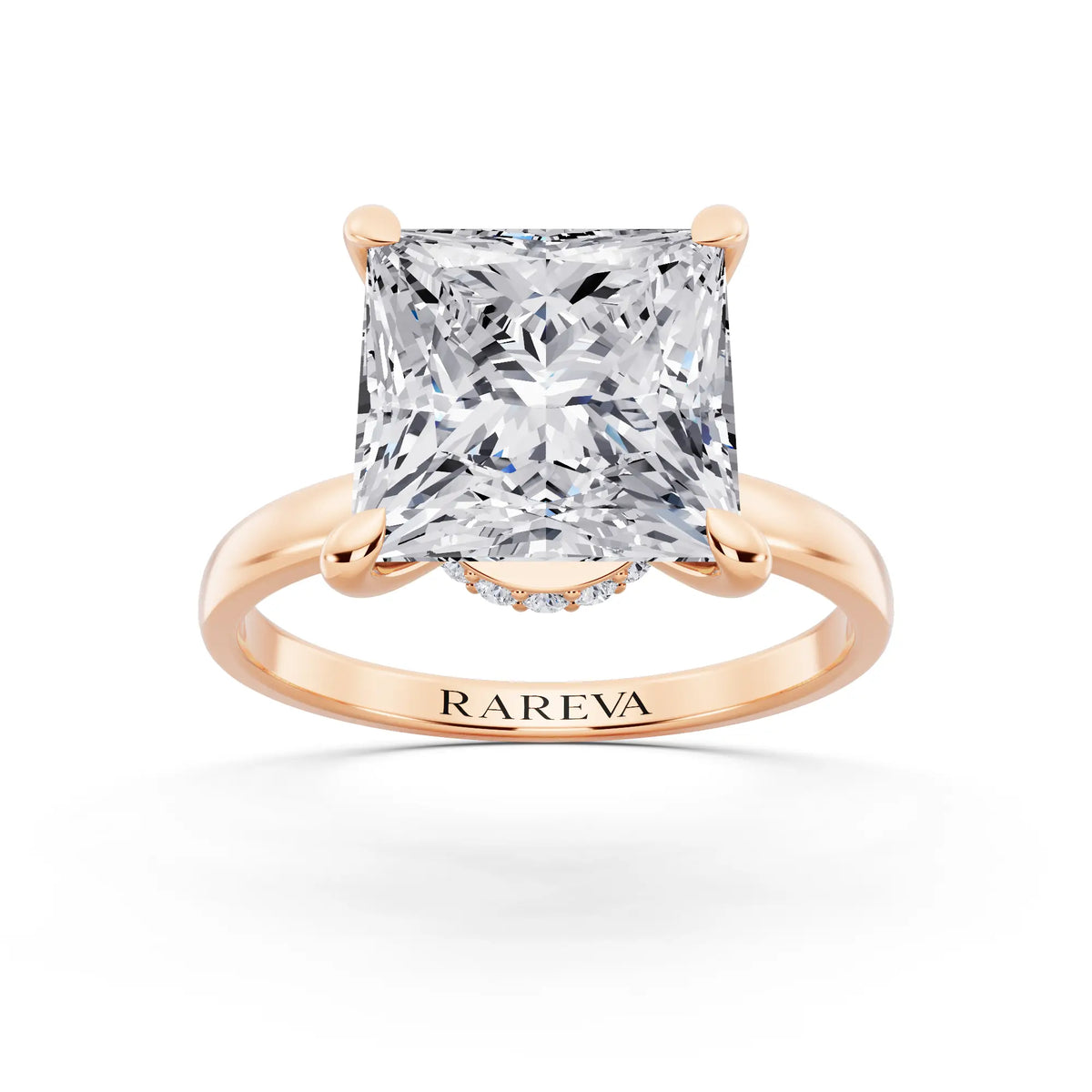 18 KT Rose Gold Princess Cut Diamond Solitaire Ring with Pave Collar - front view