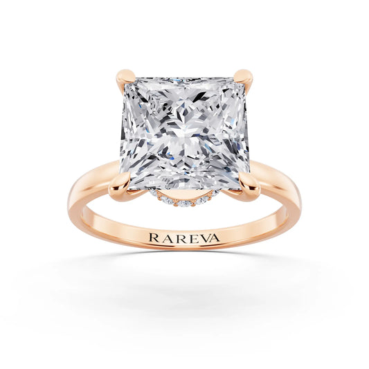 18 KT Rose Gold Princess Cut Diamond Solitaire Ring with Pave Collar - front view