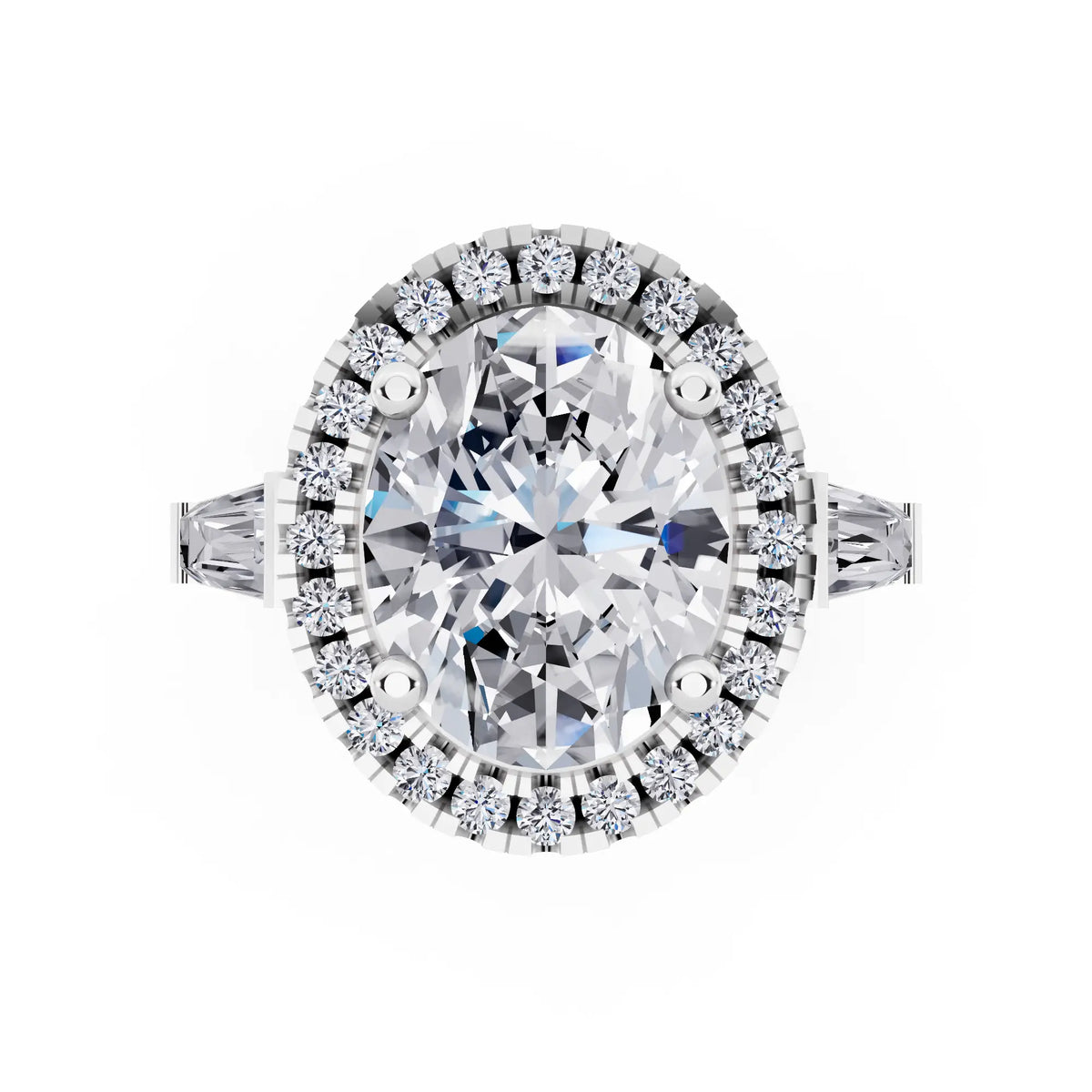 Platinum Oval Cut Diamond Halo Ring with Baguette Accents - top angle