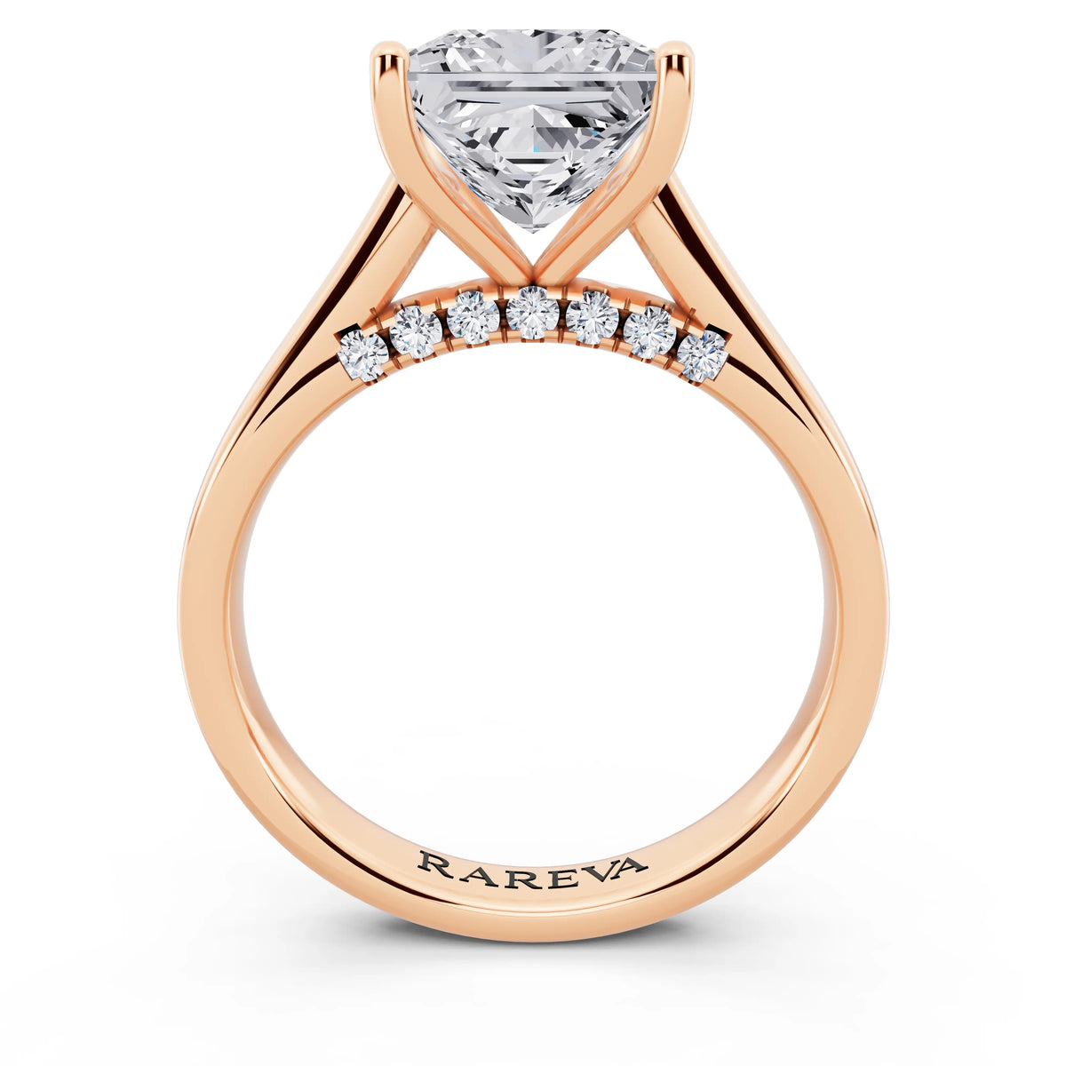 18 KT Rose Gold Princess Cut Diamond Solitaire Ring with Hidden Accent - through finger