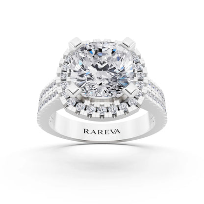18 KT White Gold Cushion Cut Diamond Halo Ring with Twin Pave Band - front view