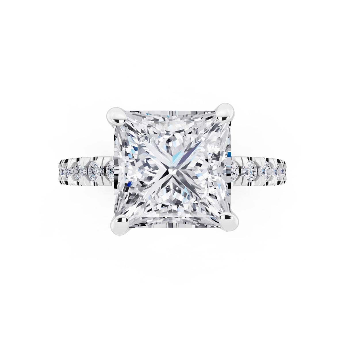 14 KT White Gold Princess Cut Diamond Hidden Halo Ring with Pave Shank - top angle