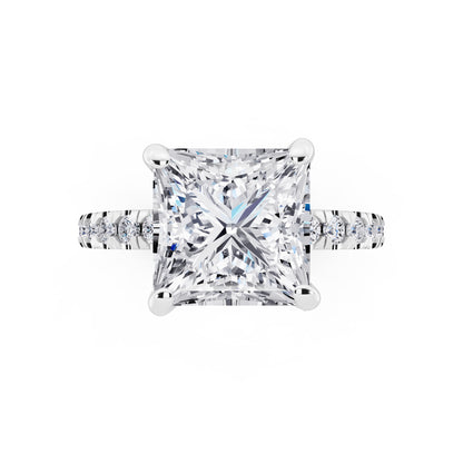 14 KT White Gold Princess Cut Diamond Hidden Halo Ring with Pave Shank - top angle