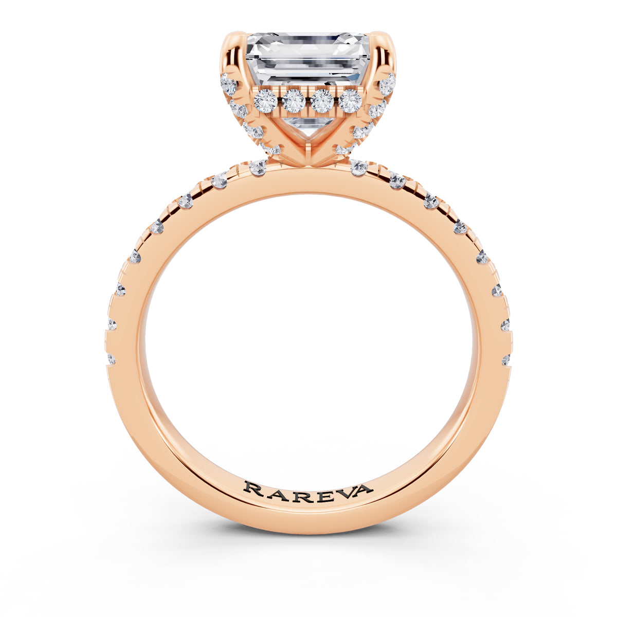 14 KT Rose Gold Asscher Cut Diamond Hidden Halo Ring with Pave Shank - through finger
