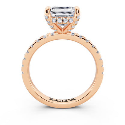 14 KT Rose Gold Asscher Cut Diamond Hidden Halo Ring with Pave Shank - through finger