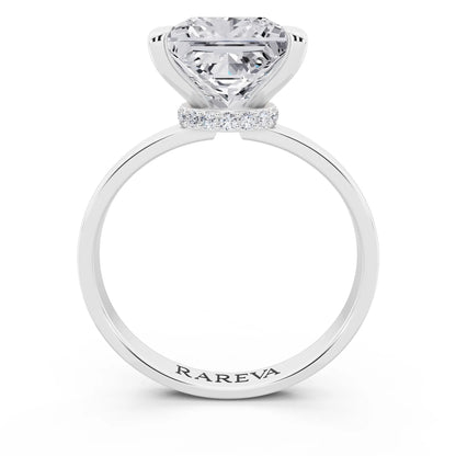 Platinum Princess Cut Diamond Solitaire Ring with Pave Collar - through finger