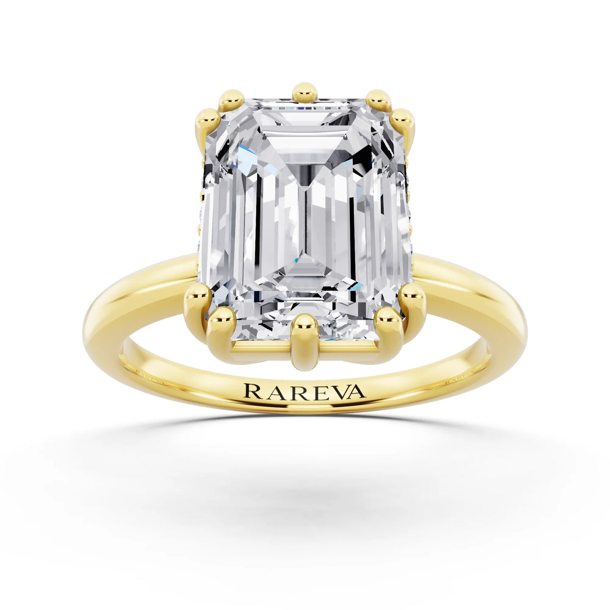 14 KT Yellow Gold Emerald Cut Diamond Solitaire Ring with Hidden Accent Basket - front view
