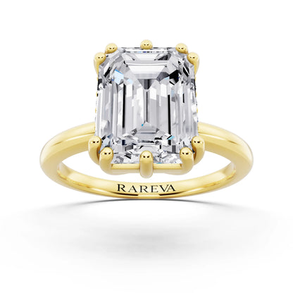 14 KT Yellow Gold Emerald Cut Diamond Solitaire Ring with Hidden Accent Basket - front view