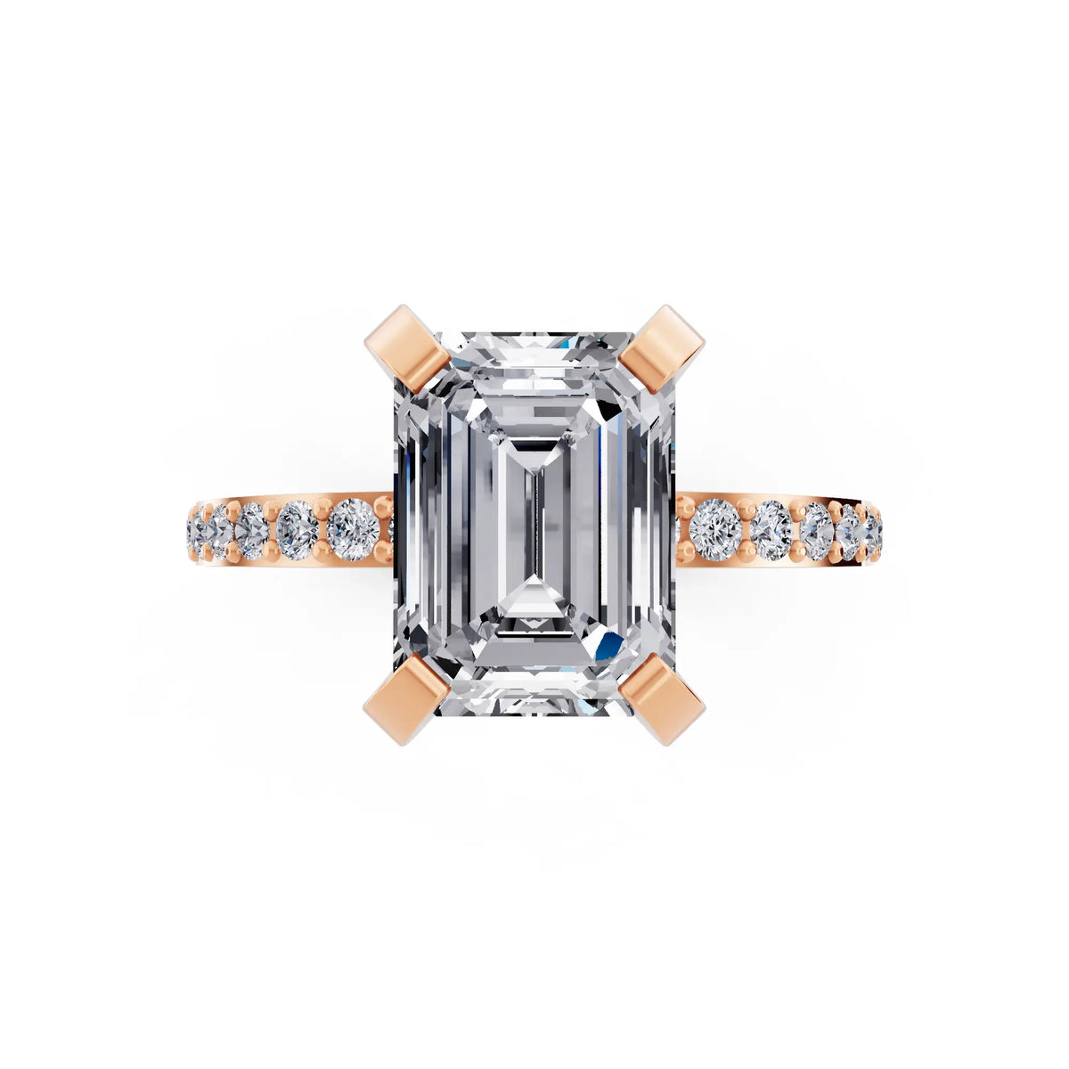 14 KT Rose Gold Emerald Cut Diamond Solitaire Ring with Pave Shank - top angle