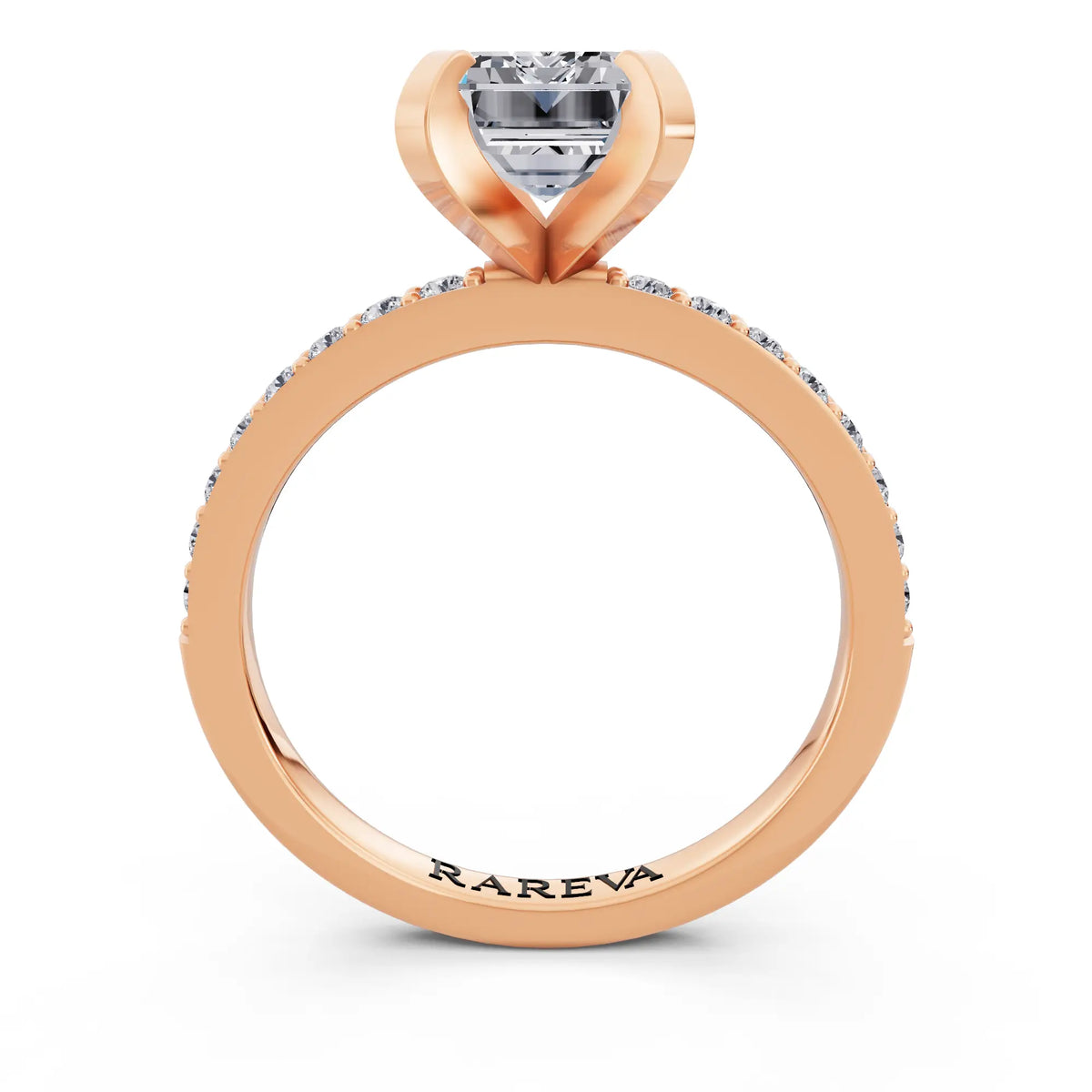 18 KT Rose Gold Emerald Cut Diamond Solitaire Ring with Pave Shank - through finger
