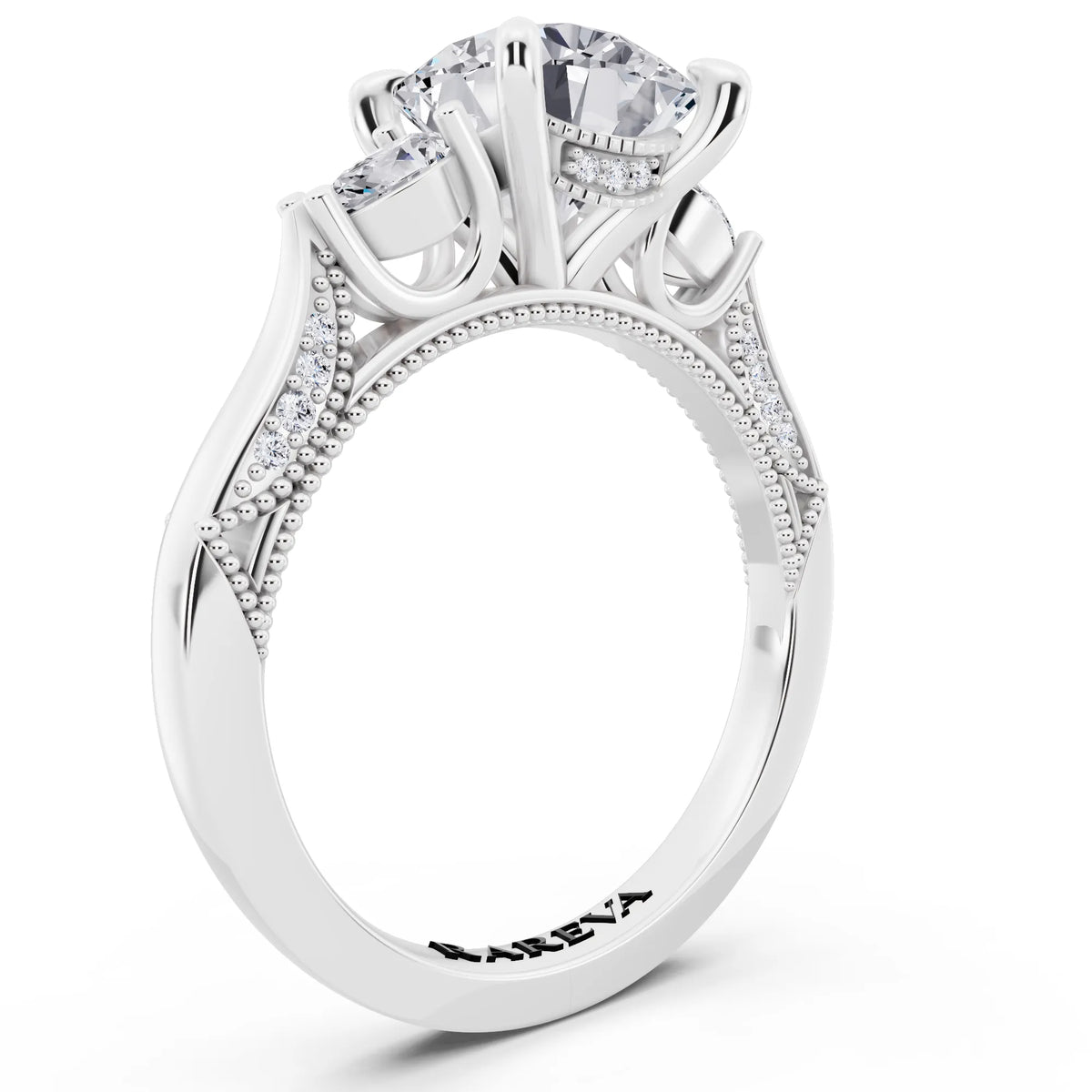 18 KT White Gold Round Cut Diamond Three Stone Pear Accent Vintage Pave Ring - top view