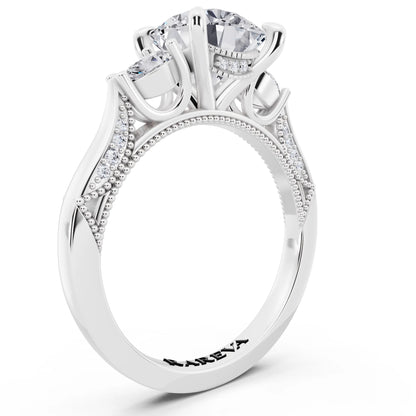 18 KT White Gold Round Cut Diamond Three Stone Pear Accent Vintage Pave Ring - top view