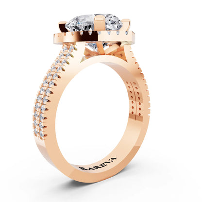 18 KT Rose Gold Heart Cut Diamond Halo Ring with Twin Pave Band - top view