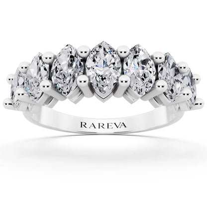 10K White Gold Seven Stone Marquise Cut Diamond Half Eternity Wedding Band - 2mm - Front