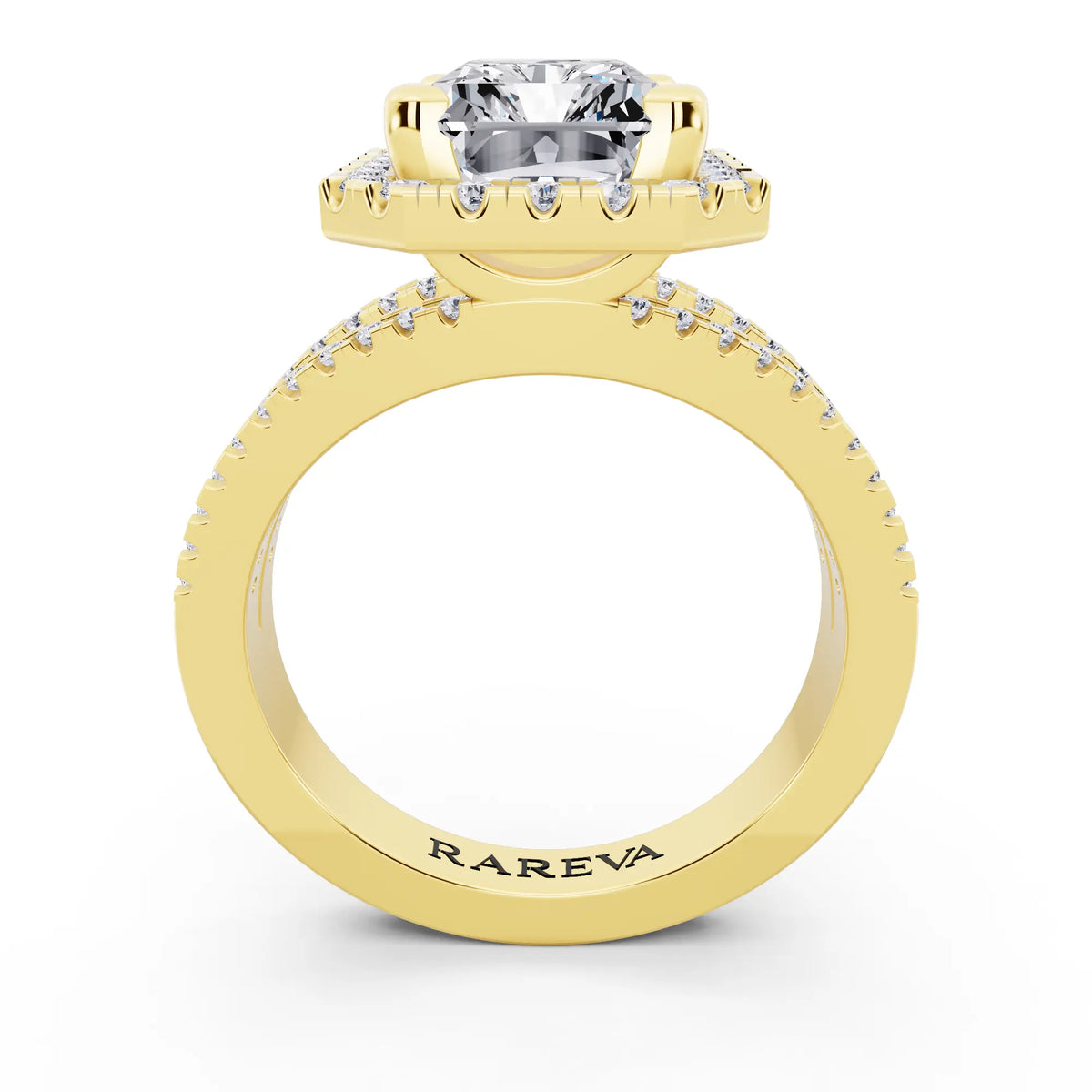 14 KT Yellow Gold Radiant Cut Diamond Halo Ring with Pave Split Shank - through finger