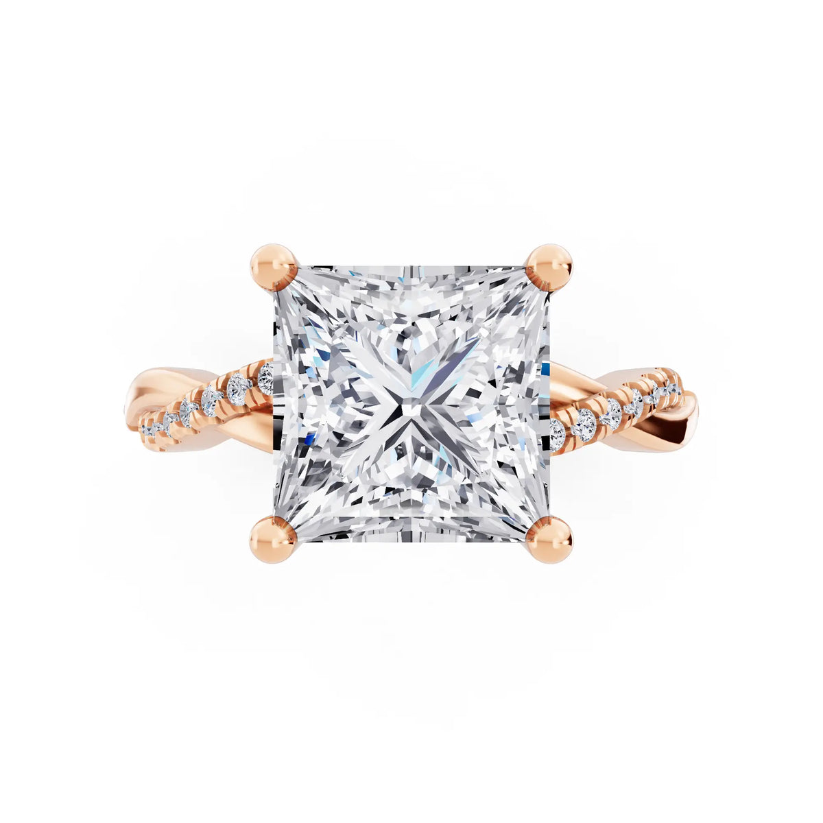14 KT Rose Gold Princess Cut Diamond Solitaire Ring with Twisted Pave Band - Top down