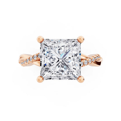 14 KT Rose Gold Princess Cut Diamond Solitaire Ring with Twisted Pave Band - Top down