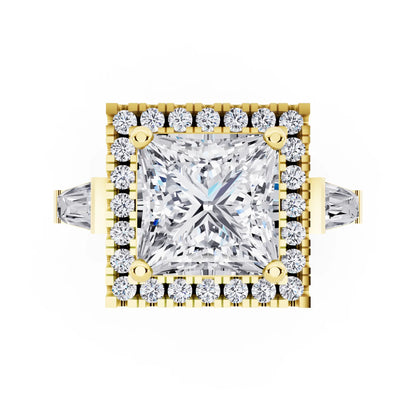 14 KT Yellow Gold Princess Cut Diamond Halo Ring with Baguette Accents - top angle