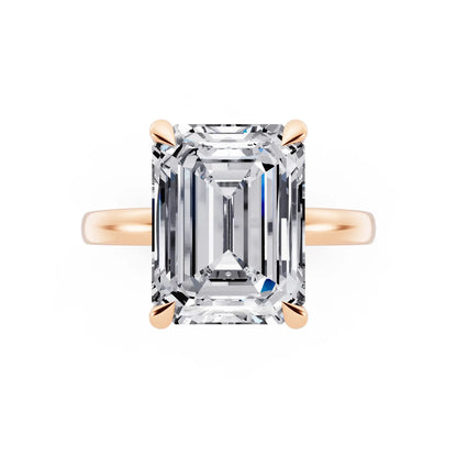 18 KT Rose Gold Emerald Cut Diamond Solitaire Ring with Pave Collar - top angle