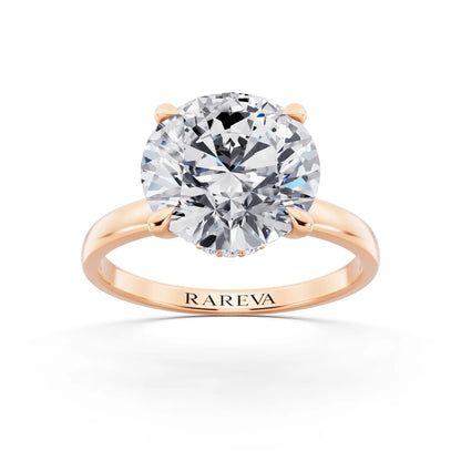 14 KT Rose Gold Round Cut Diamond Solitaire Ring with Pave Collar - front view