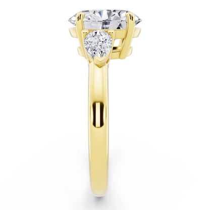 18 KT Yellow Gold Oval Cut Diamond Three Stone Pear Accent Ring - side view