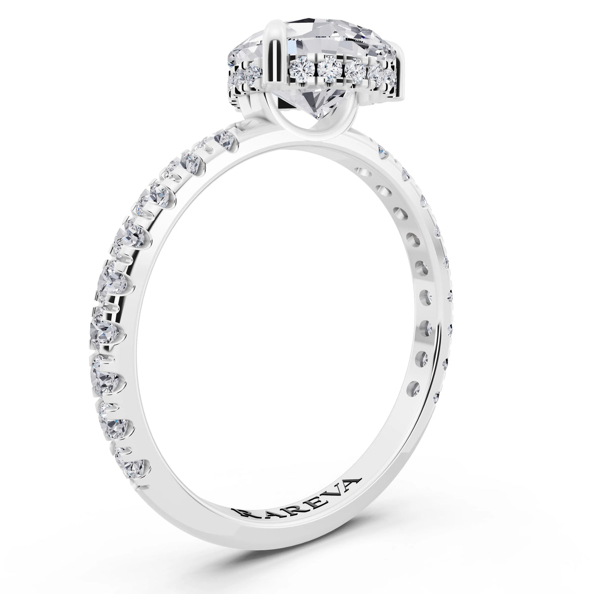 14 KT White Gold Pear Cut Diamond Solitaire Ring with Hidden Halo and French Pave Band - top view