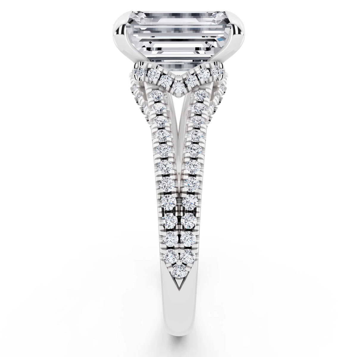 18 KT White Gold Emerald Cut Diamond Ring with Pavé Split Shank - side view