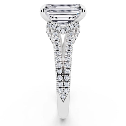18 KT White Gold Emerald Cut Diamond Ring with Pavé Split Shank - side view