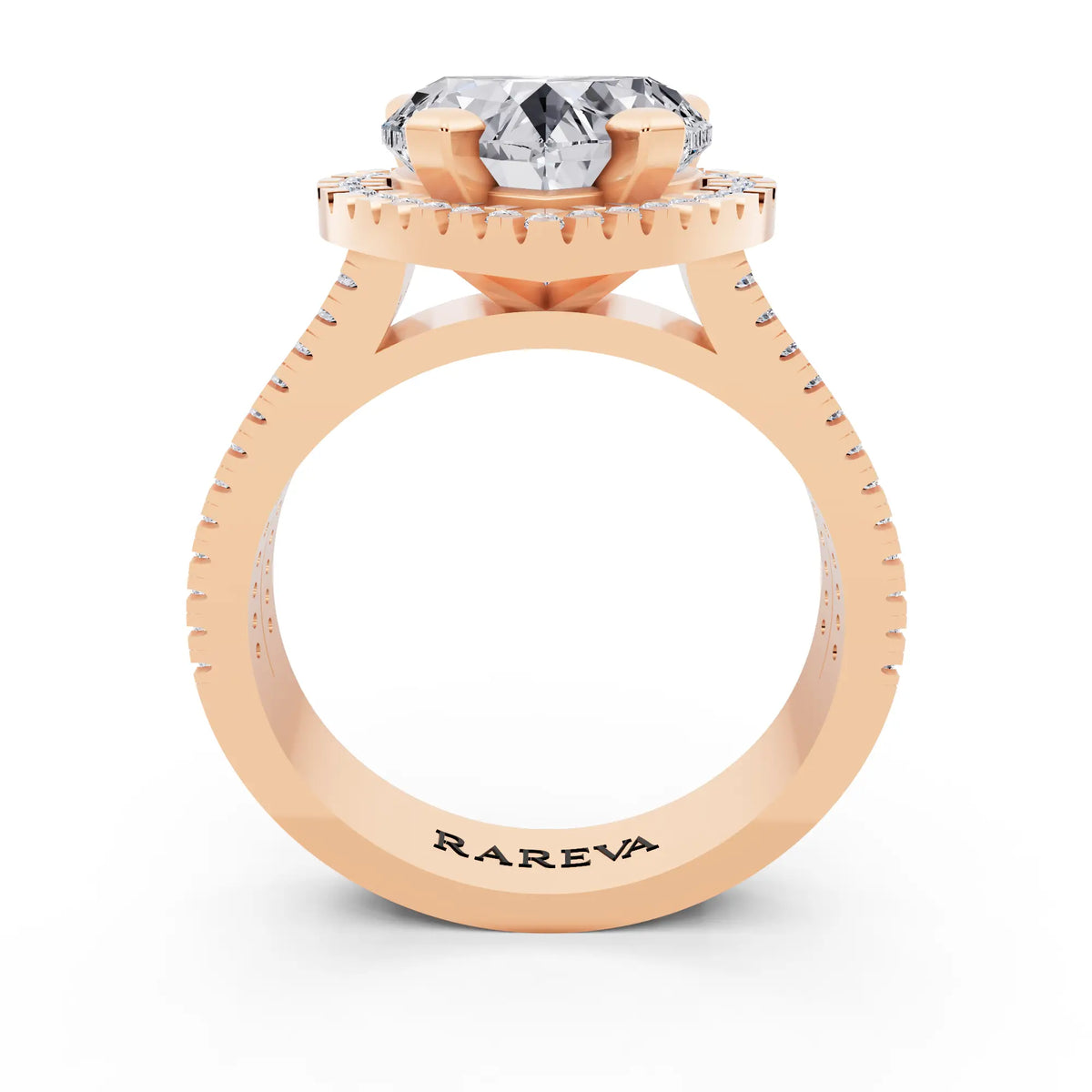 18 KT Rose Gold Heart Cut Diamond Halo Ring with Twin Pave Band - through finger