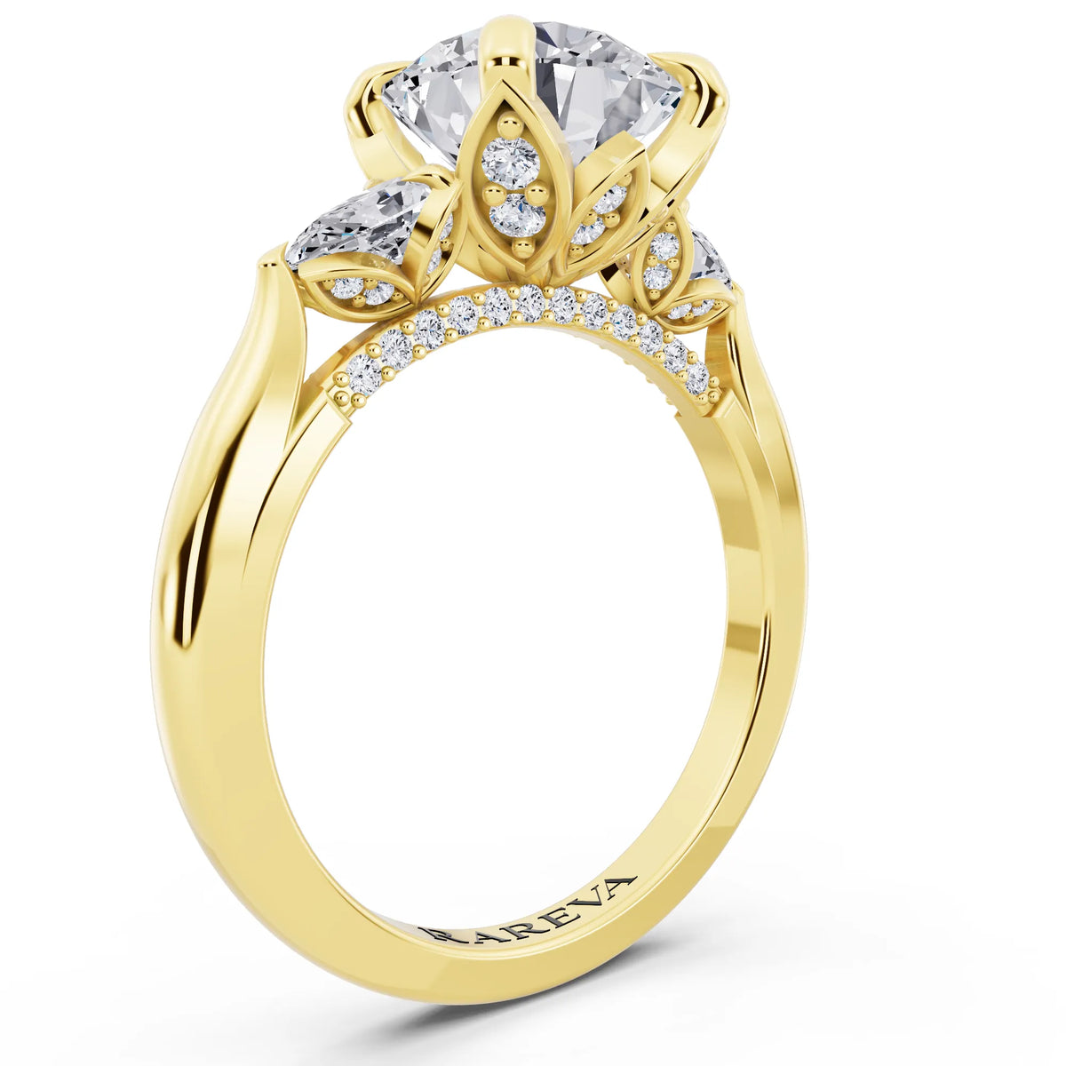 14 KT Yellow Gold Round Cut Diamond Cluster Engagement Ring with Pear Accents and Pavé Band - top view