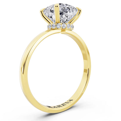18 KT Yellow Gold Cushion Cut Diamond Solitaire Ring with Pave Collar - top view