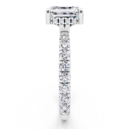 Platinum Asscher Cut Diamond Solitaire Ring with Hidden Halo and French Pave Band - side view