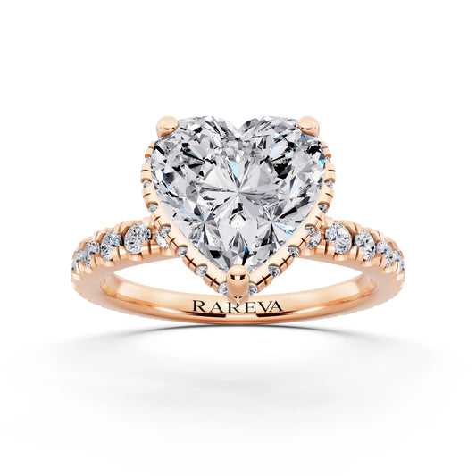 14 KT Rose Gold Heart Cut Diamond Hidden Halo Ring with Pave Band - front view