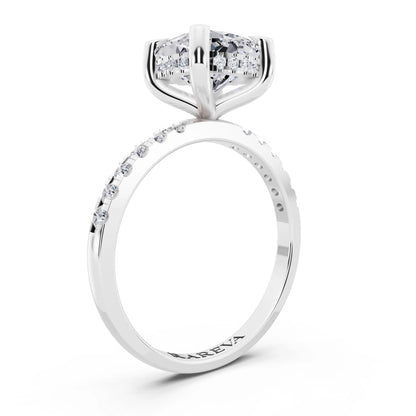 Platinum Cushion Cut Diamond Solitaire Ring with Round Pavé Band and Prong Setting - top view