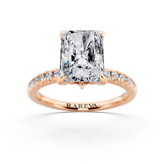 14 KT Rose Gold Radiant Cut Diamond Solitaire Ring with Marquise Collar - front view