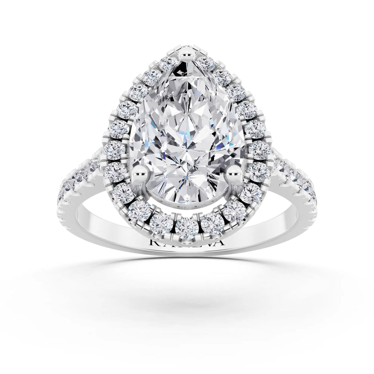 14 KT White Gold Pear Cut Diamond Halo Ring with Pave Band - Front