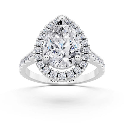 14 KT White Gold Pear Cut Diamond Halo Ring with Pave Band - Front