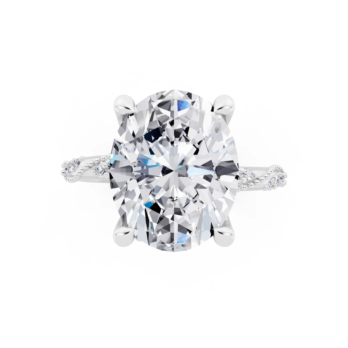 18 KT White Gold Oval Cut Diamond Ring with Marquise Accent - top angle